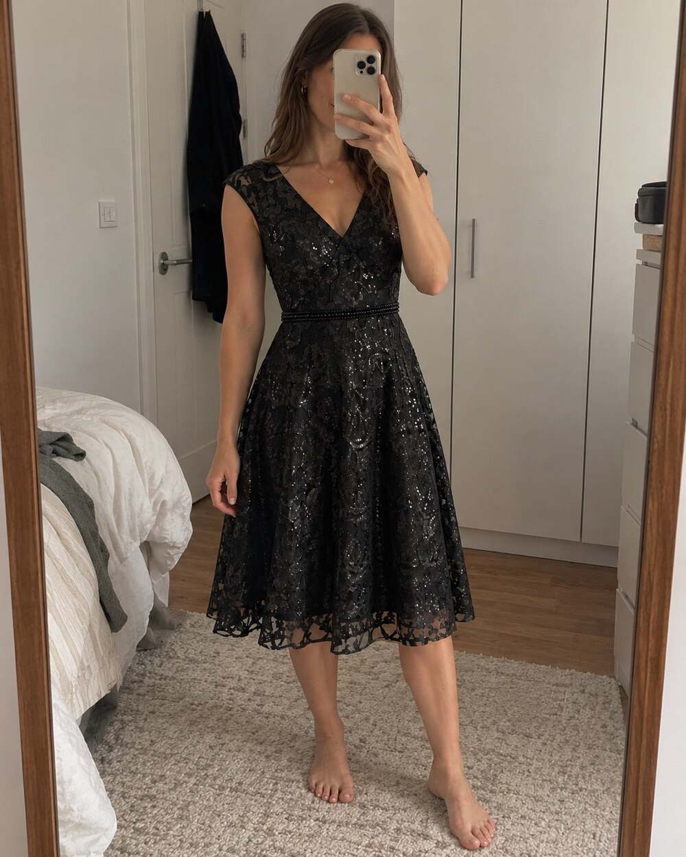 Mac Duggal Black Baroque Sequin Beaded Waist Midi Cocktail Dress US 4 NWT